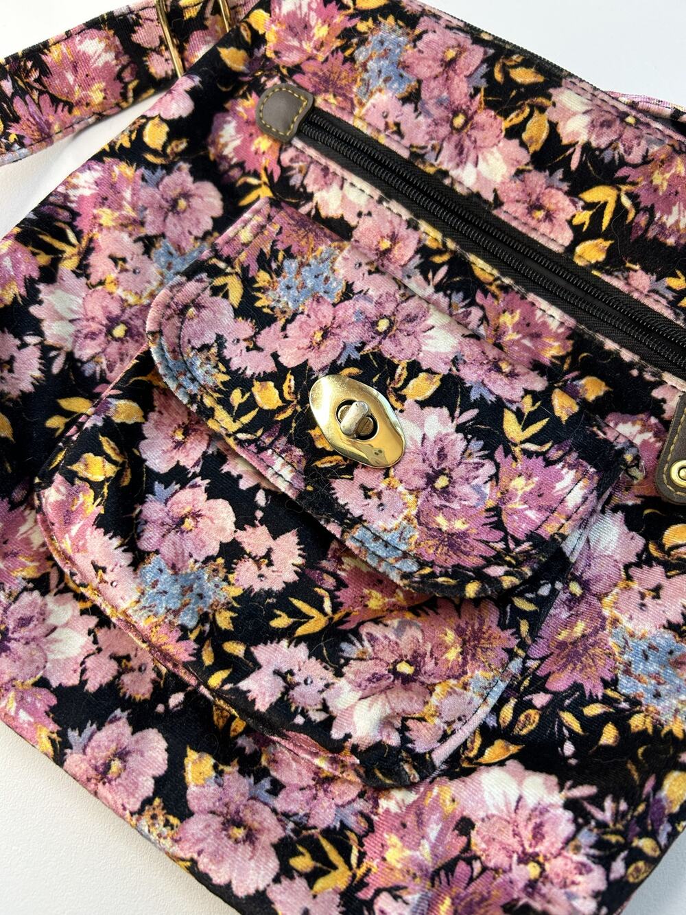 Floral Crossbody Bag Pink Purple Black Gold Hardware Adjustable Strap